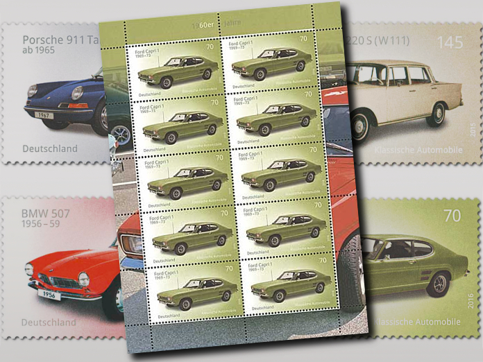 Oldtimer Briefmarken Ford Capri Porsche 911